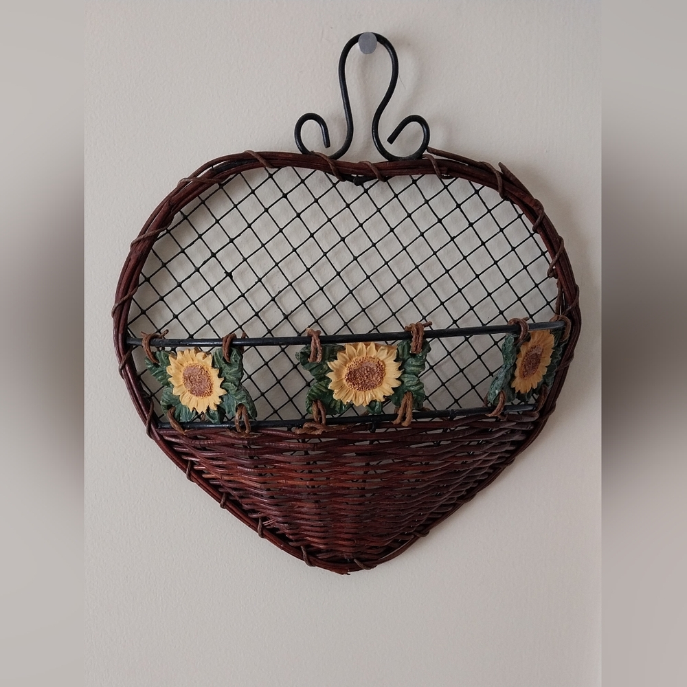 Vintage Wicker, Wire And Ceramic Hanging Sunflower Basket.